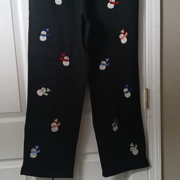 Quacker Factory black snowmen black wide leg jeans winter Sz Large (14/16) NWT - Picture 2 of 8